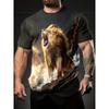 T-shirt da uomo con leone ruggente stampato in 3D, manica corta casual, girocollo, grafica accattivante con leone e tempesta di fulmini, alla moda, streetwear hip hop