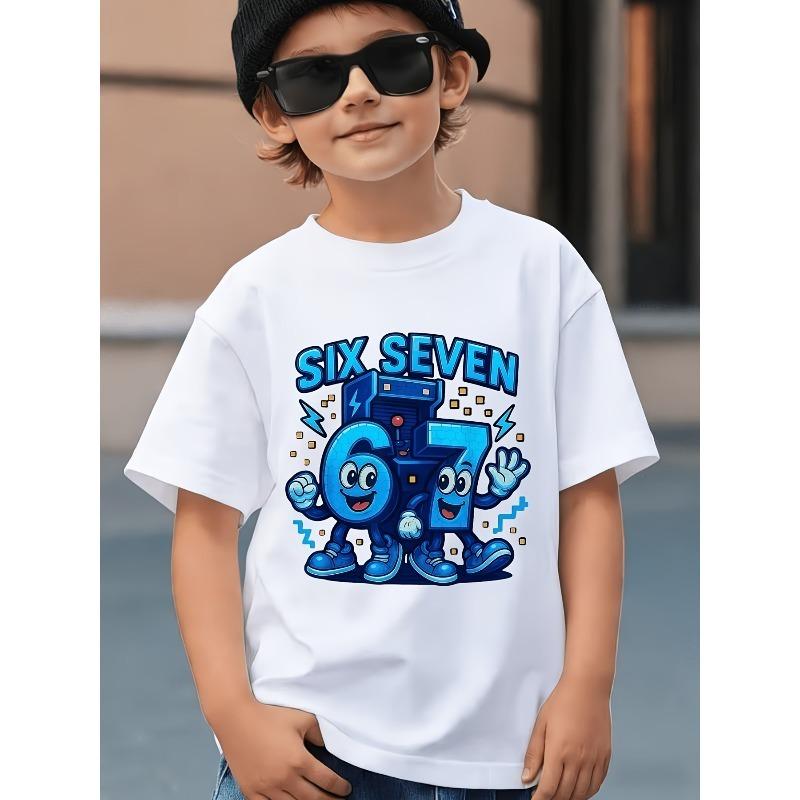 European sizes Summer Fashion: Fun Number  67  Cartoon T-Shirt, American Street Style Boys  Summer Loose-Fit Short-Sleeve Tee. 110 белый