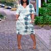 Women's Summer Plus Size V-neck Short Sleeve Print Knee Pocket Casual Dress