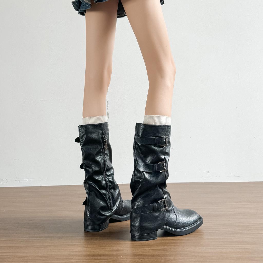 Kleiner Mann aber kniehohe Stiefel mit dicker Sohle Damen 2025 Herbststiefel dicker Absatz Schnalle Gürtel mittelhoher Schaft Faltenstiefel Damen