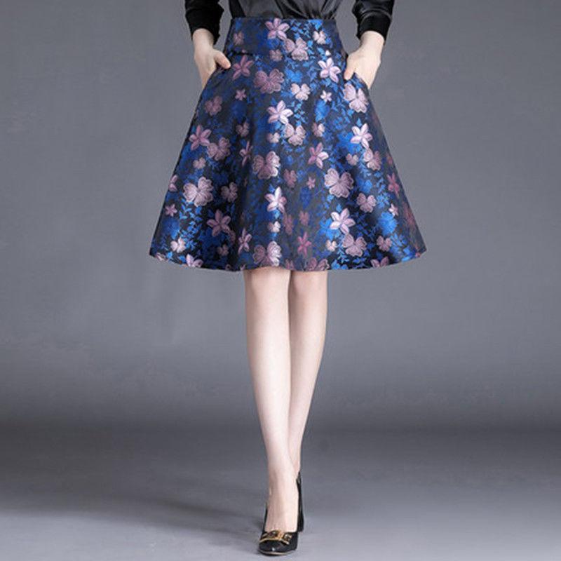 Summer New Print Half Length A-line Skirt Women Patchwork Pockets Elastic High Waist Elastic Versatile Slim Fashion Loose Skirts