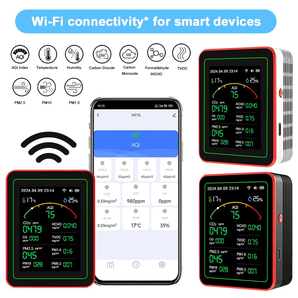 WiFi 15-in-1 Indoor Air Quality Monitor TFT Display Household CO CO2 TVOC HCHO Tester APP Control Multifunctional Clock