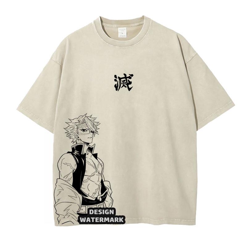 Anime Inosuke Tshirts Oversized Vintage Washed KKimetsu No Yaiba T Shirt Tanjirou Zenitsu Kyoujurou Tops Tees Man Cotton