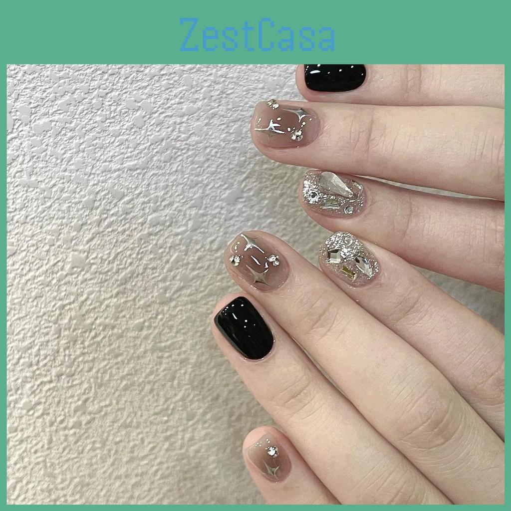 Diy Presson Nail Tips With Black Shimmer Water Diamoans And Fourpoint Star Accent For Night Out And Party
