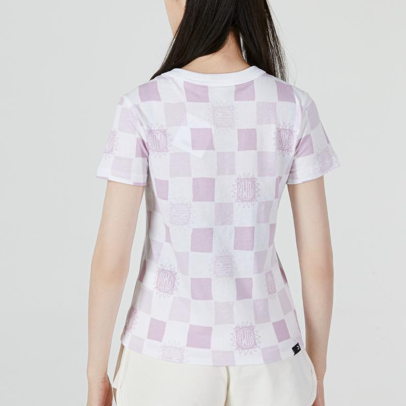 Puma Downtown Aop Tee Checkered Logo Sports Casual Breathable Round Neck Short Sleeve T-Shirt Women Tops Light-Purple 535379-02