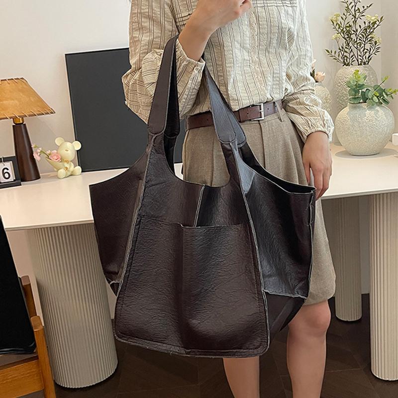 Retro Handmade Big Beach Tote Bag High Capacity Shoulder Solid Color Multifunction Handbags for Ladies