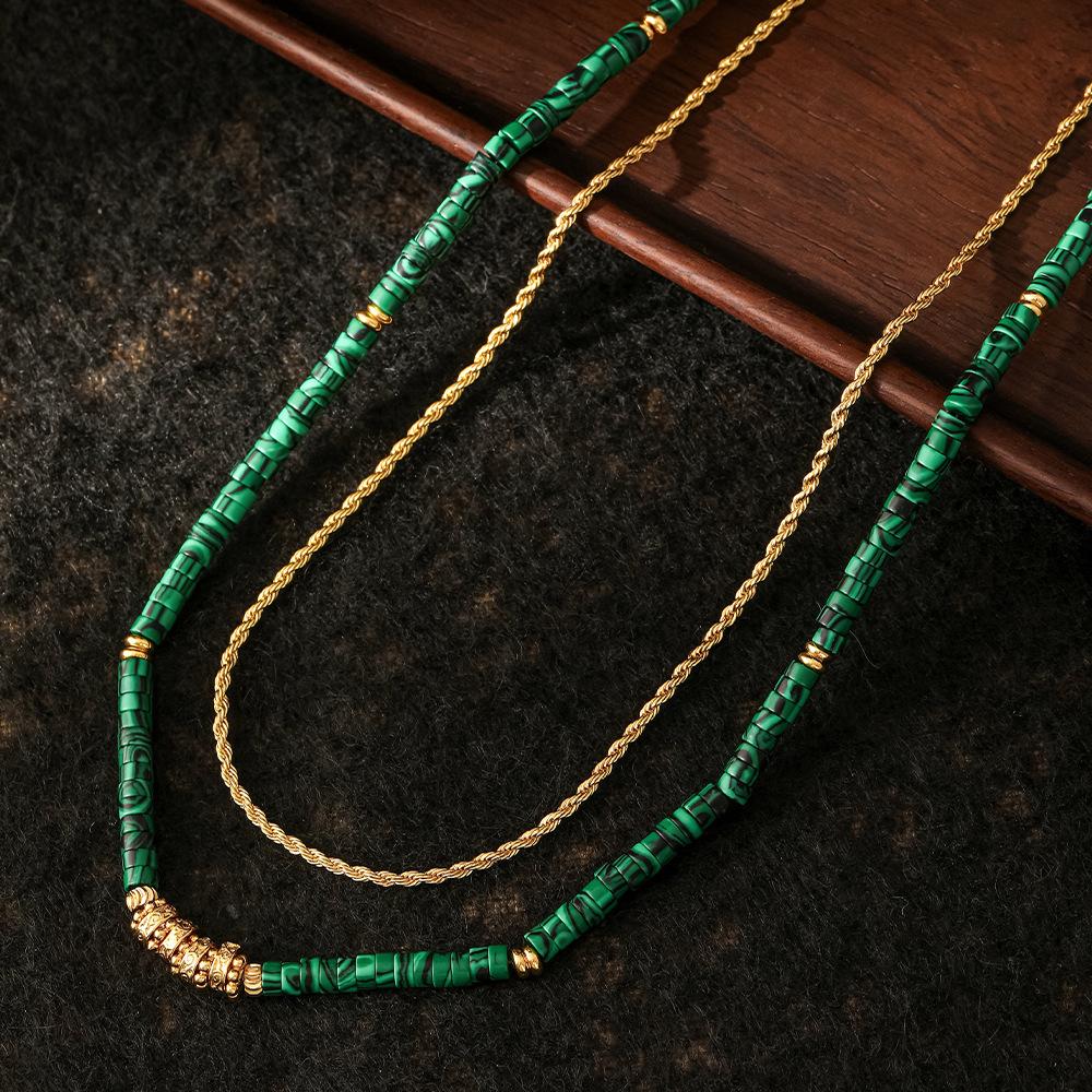 European and American malachite beaded necklace brass gold-plated non-fading niche ethnic style neck chain light luxury stacked collarbone chain