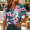 Damen Lässiges Hawaiian-Print-Hemd mit V-Ausschnitt, 3/4-Ärmel, Leichte Sommerbluse, Locker geschnittenes Oberteil für den Alltag