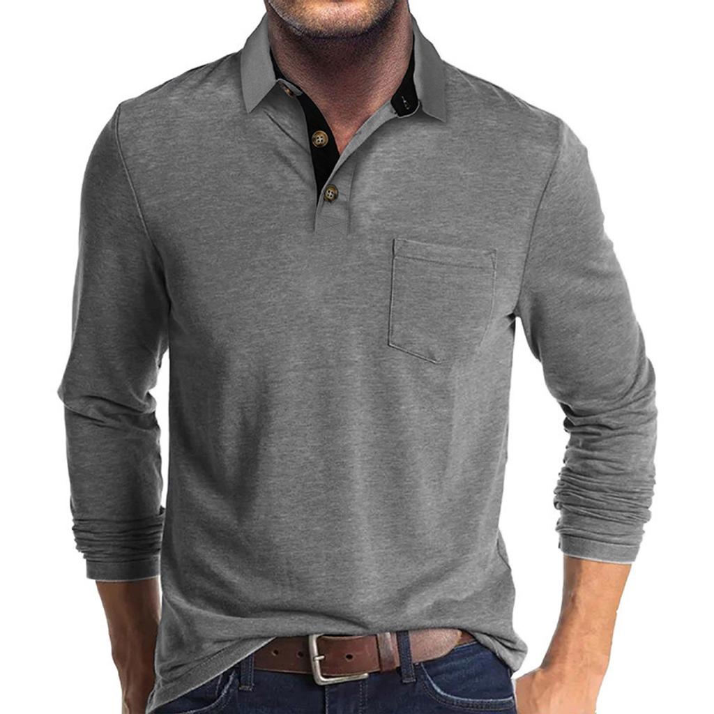 Men's Solid Color Button Lapel Long Sleeve Top Men's Casual Fashion Long Sleeve Top