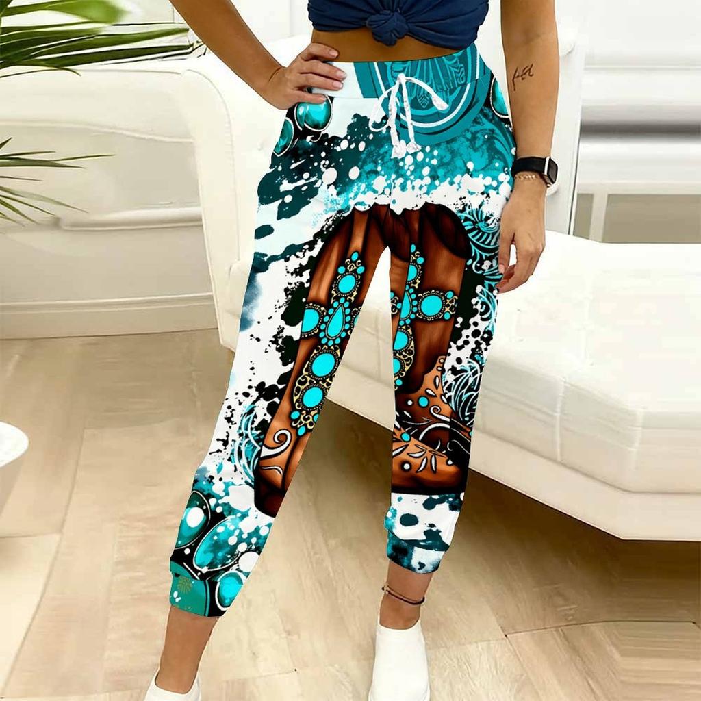Summer Ladies Splashing ink tie dye Printed Sweatpants Loose Fit Drawstring Joggers Elastic Cuff Daily Casual Pants