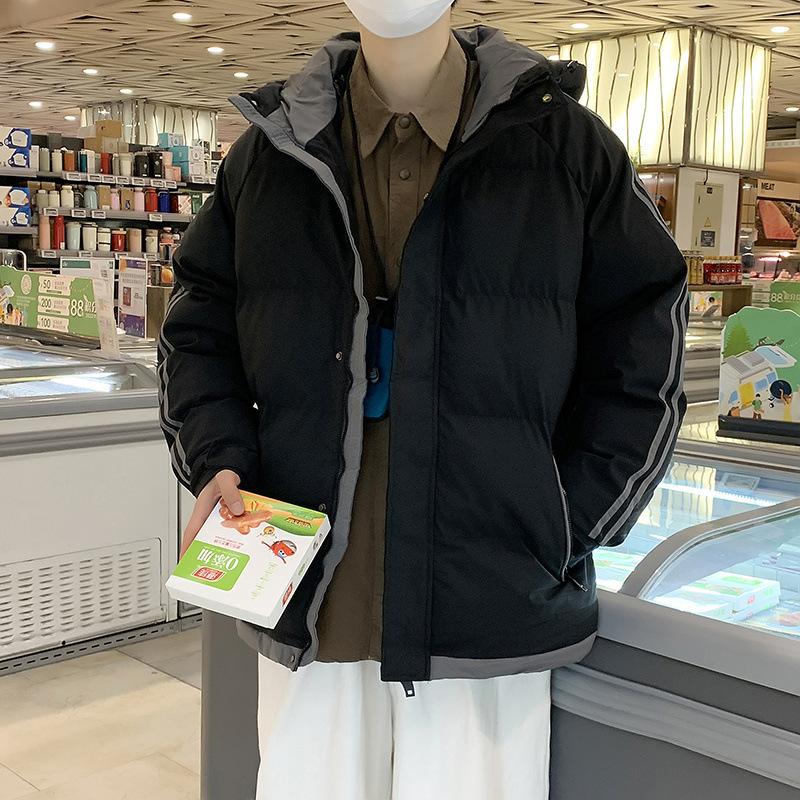 Cotton Clothing Men Winter Hooded Striped Loose Thickened Cotton Jacket Warm Bread Clothing Cotton Jacket Jacket Men M