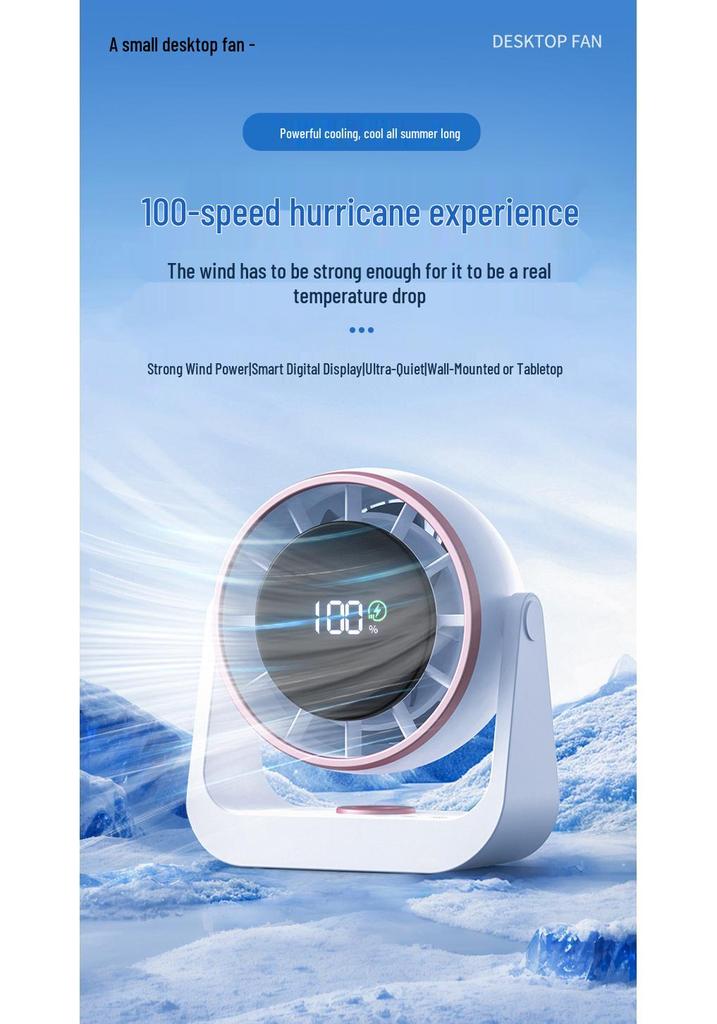 Wall-Mounted LED Rechargeable Fan with Digital Display for Dorm, Office, Home, Kitchen