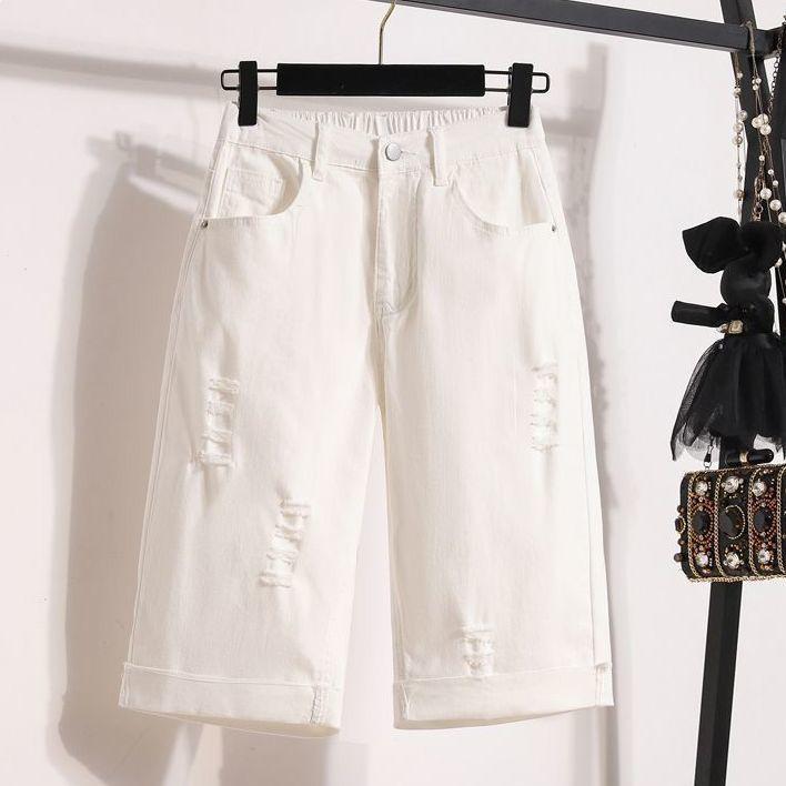2026 Summer Plus Size Elastic Waist Ripped Denim Harem Capris M 95-105 jin