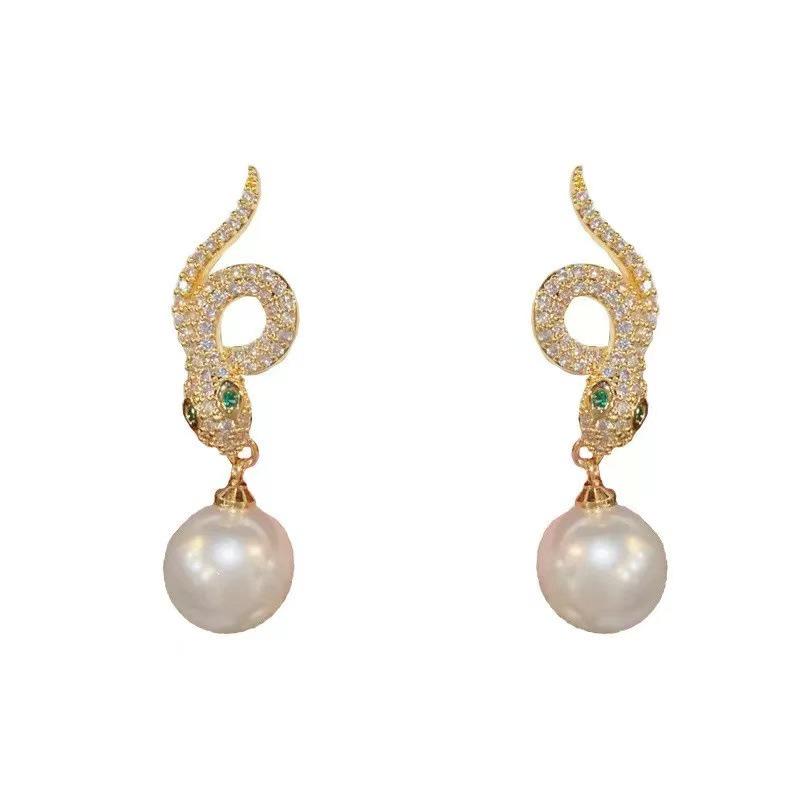 Unique Zircon Snake Pearl Earrings – Feminine, Stylish, and Versatile Design