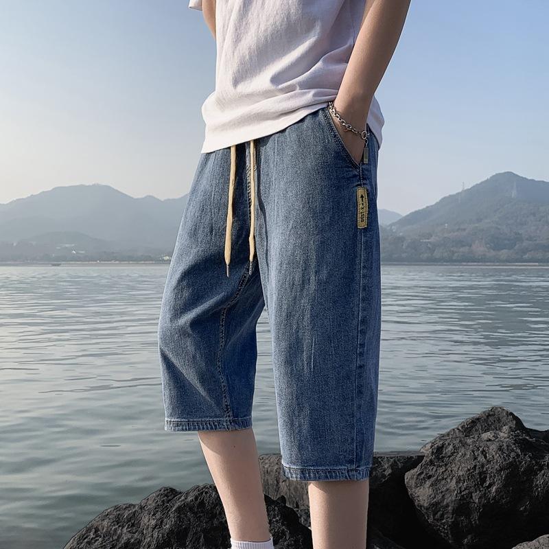 Summer Thin Five Quarter Denim Shorts Men's Seven Quarter Pants Loose Straight Leg Drawstring Elastic Waist Shorts