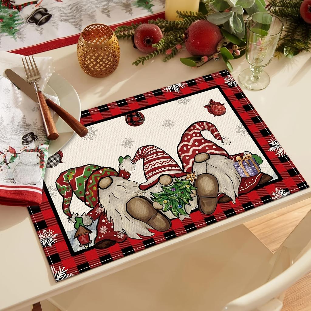 Set of 1/2/4/6/8 Christmas Placemats; 12X18 Inch Gnome Christmas Ball Linen Table Mats, Seasonal Winter Holiday Table Decor, Suitable for Family