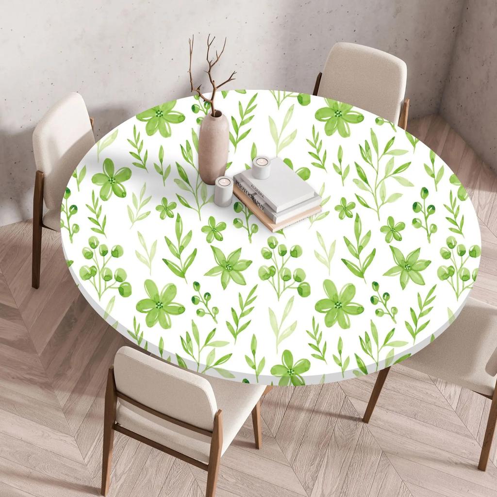 Plant Flower Patterns Round Tableclothes for Dining Table Fitted Table Protector Cover Elastic Edge Desk Decoration Waterproof