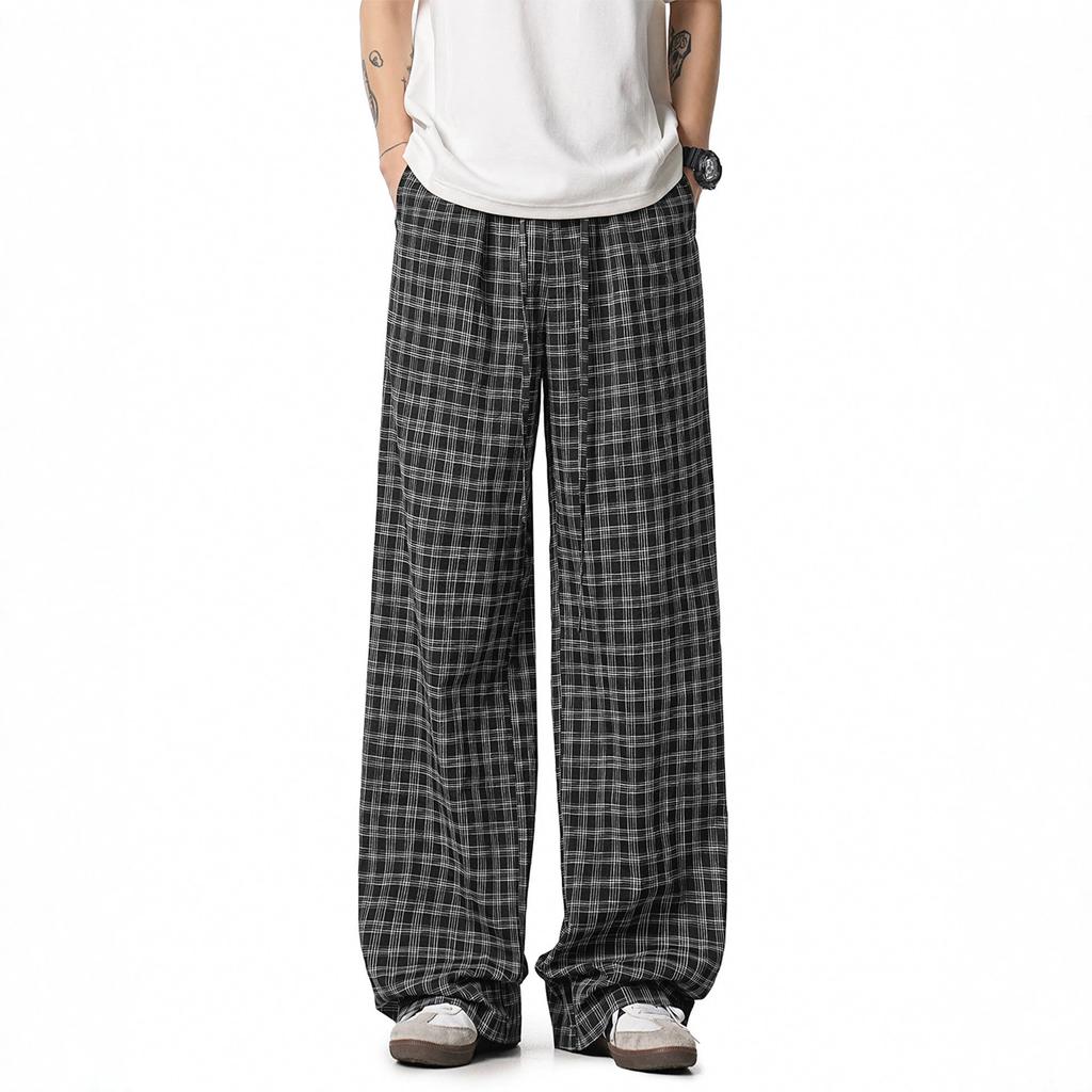 Summer Thin Plaid Seersucker Casual Pants Men and Women Loose Lazy Wind Drawstring Straight Pants Simple Commuter Trousers