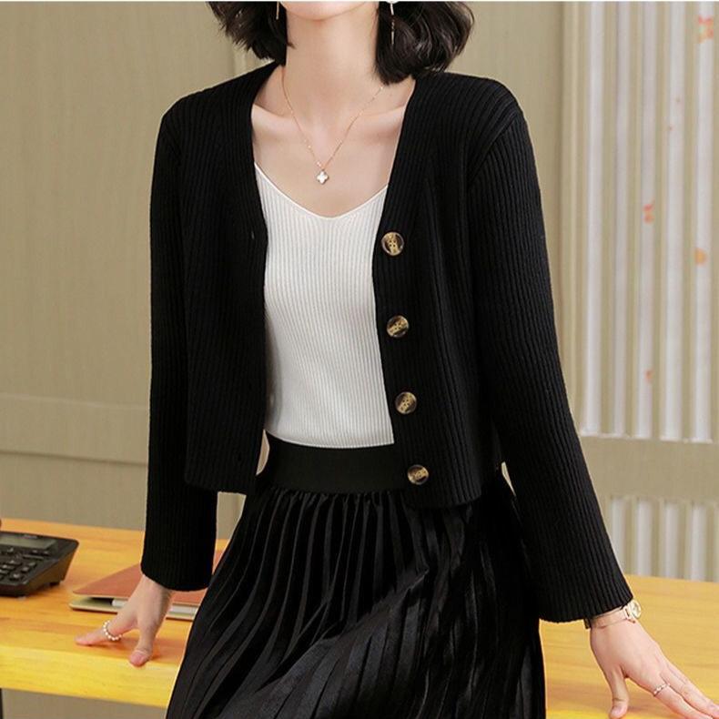 Spring Autumn Women's Short Cardigan Casual Solid Color Slim-fit Knitted Cardigan V-neck Long-sleeve Knitted Top