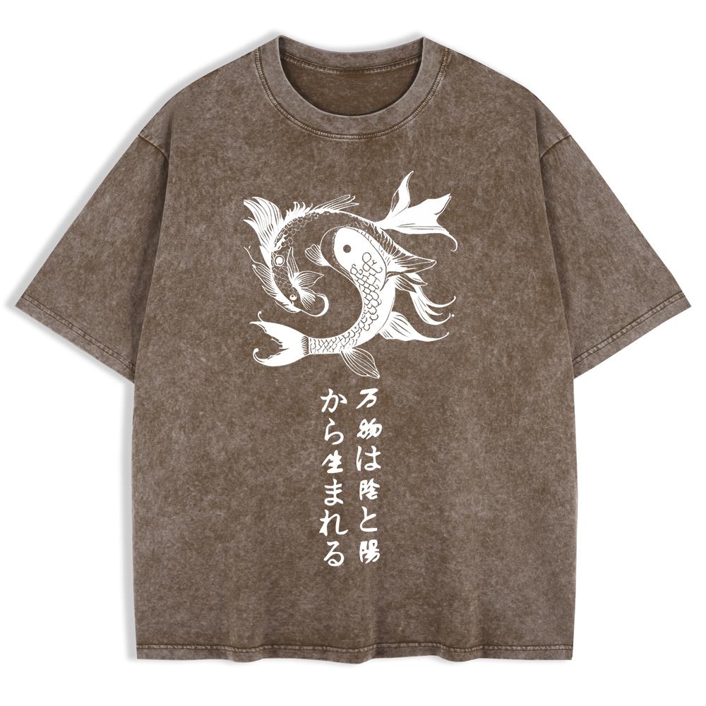 Japanese Koi Harajuku Printed Washed T-Shirts Mens Cotton Short Sleeve Tops Summer O-Neck Oversize T Shirt Clothes