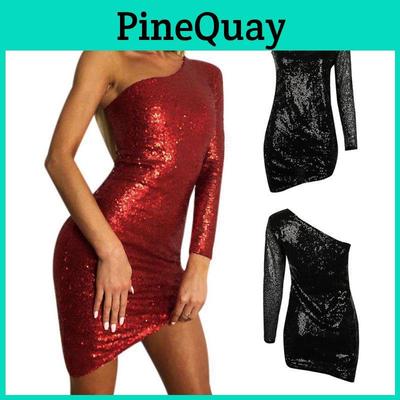 Womens Evening Party Skirt Sexy Single Sleeve Club Dress With Sparkling Night Sequin Shoulder