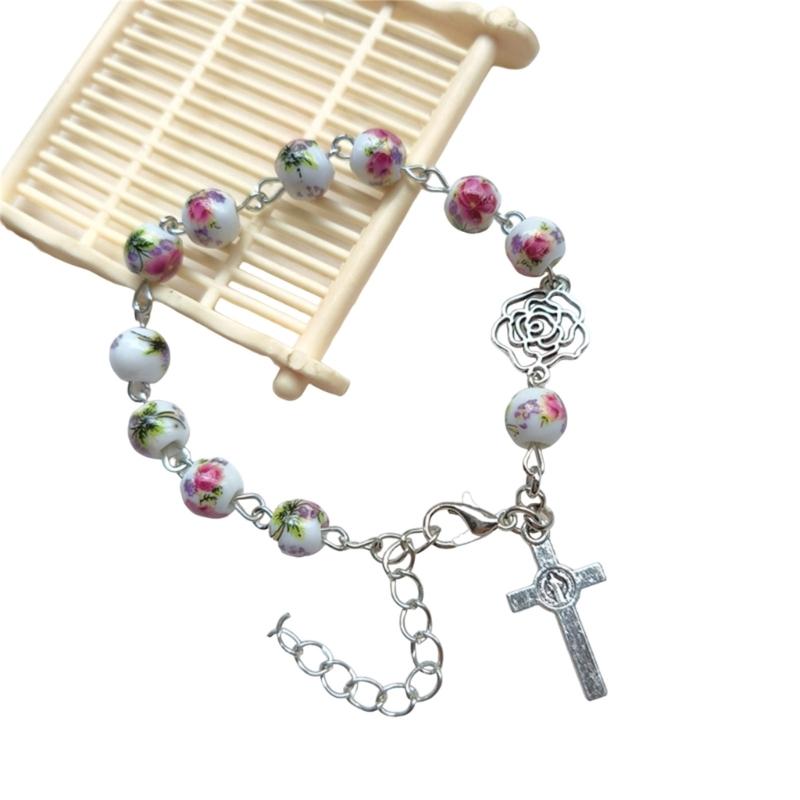 Handmade Round Beads Bracelets Catholic Rosarys Beads Crosses Religious Pendants Bracelets Catholic Jewelry Gift