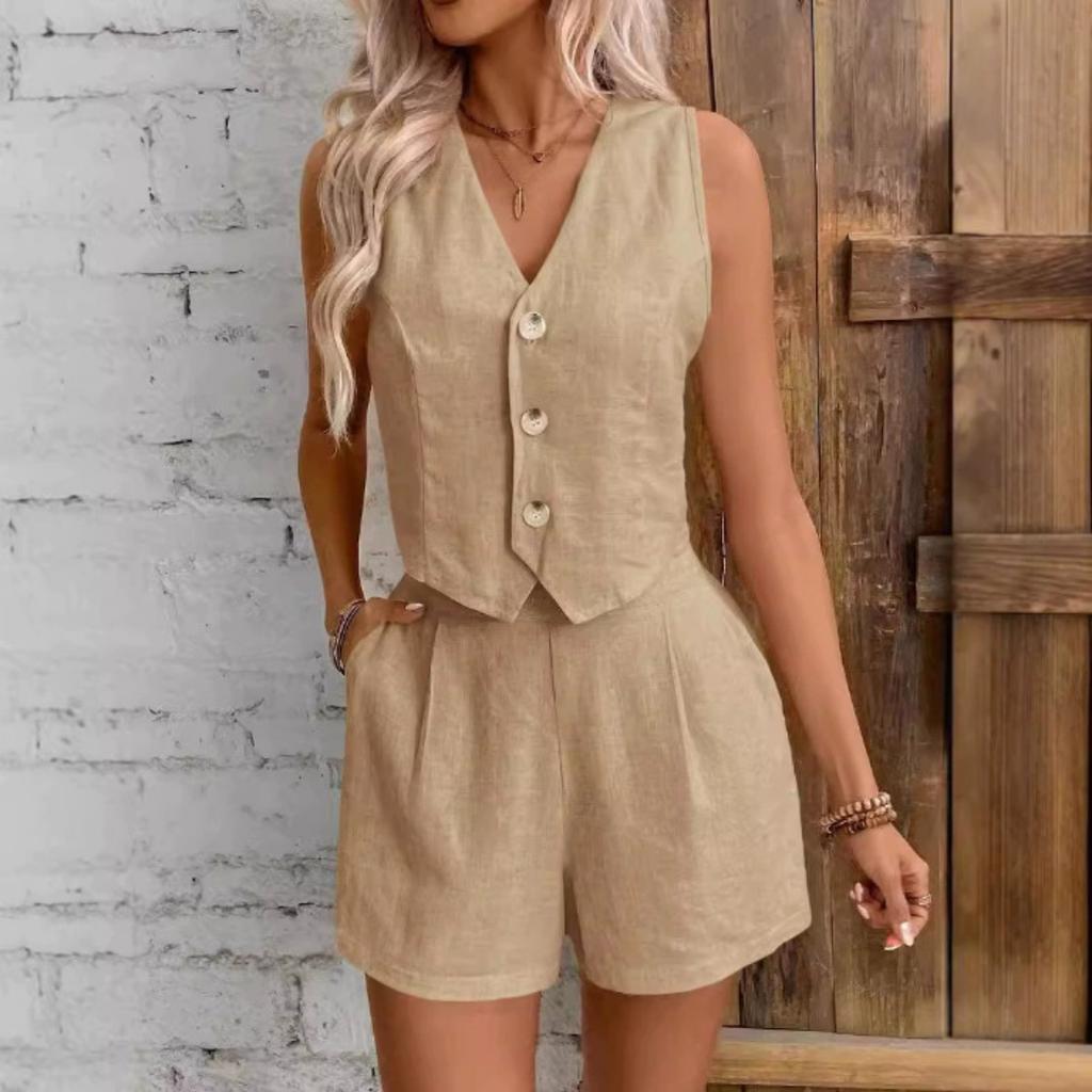Two Piece Women's Sleeveless Plus Size Women's Solid Color Button Vest Set