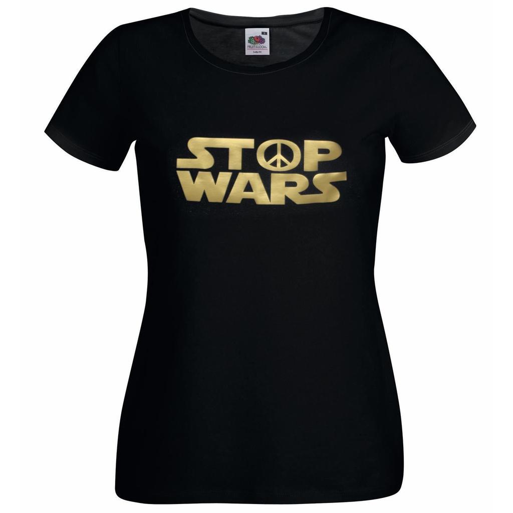 Unisexs Stop Wars Peace Symbol Pacifist Galaxy Wars Spoof Lady Fit Black TShirt