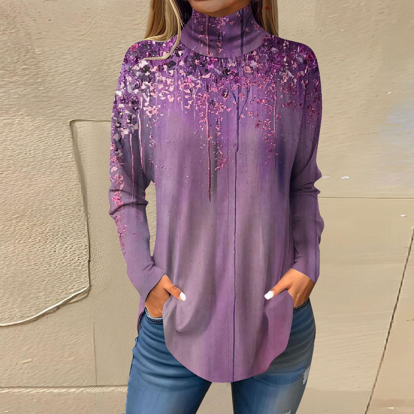 

Футболки для женщин, осенние повседневные рубашки с длинными рукавами, толстовка с винтажным принтом, топ с высоким воротом, пуловер XL фиолетовый