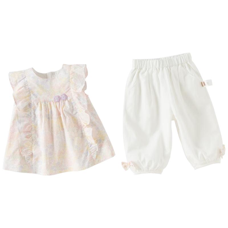 DAVE & BELLA Girls' Summer Flower Print Top & Nine-Point Pants Set