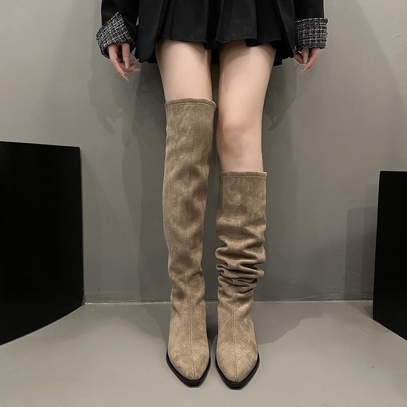 Fashion Stretch Soft Leather Women Over the Knee High Boots Fashion Pointed Toe Shoes Autumn Winter Thick Heel Ladies Long Booties