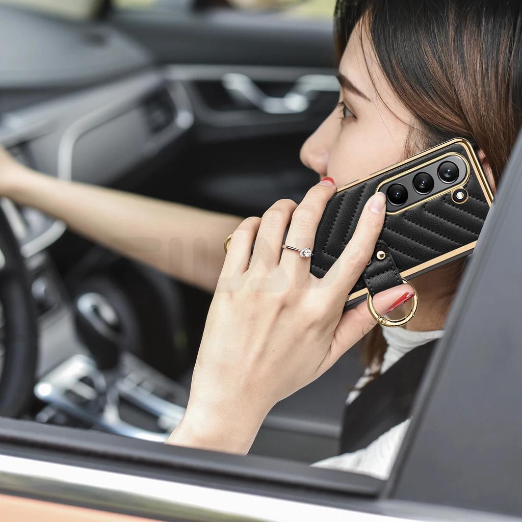 Elegant Plating Leather Ring Bracket for Samsung Galaxy Z Fold 6 5 4 3 Magnetic Case with Tempered Film Folding Shockproof Cover
