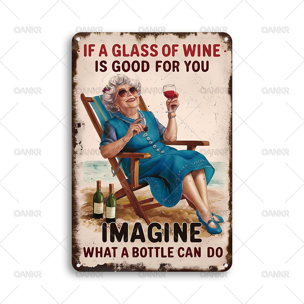 Vintage Sweet Home Decor Poster Metal Tin Sign Wine Glass Woman Imagine Wall Art Metal Signs for Bar Home Wall Art Decor 20x30cm(7.8x11.8inch)