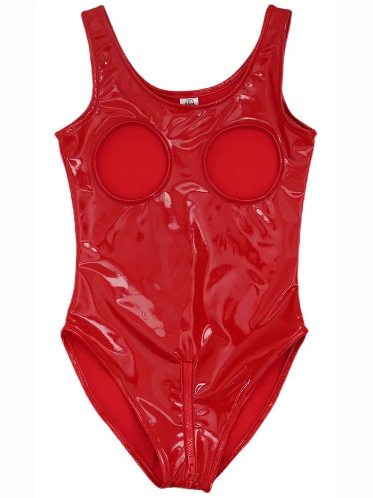 Wet Look Pvc Catsuit Shiny Pu Leather Zipper Open Crotch Bodysuit Hollow Out Breast Cosplay Body Tops Tights Hot Sexy Clubwear