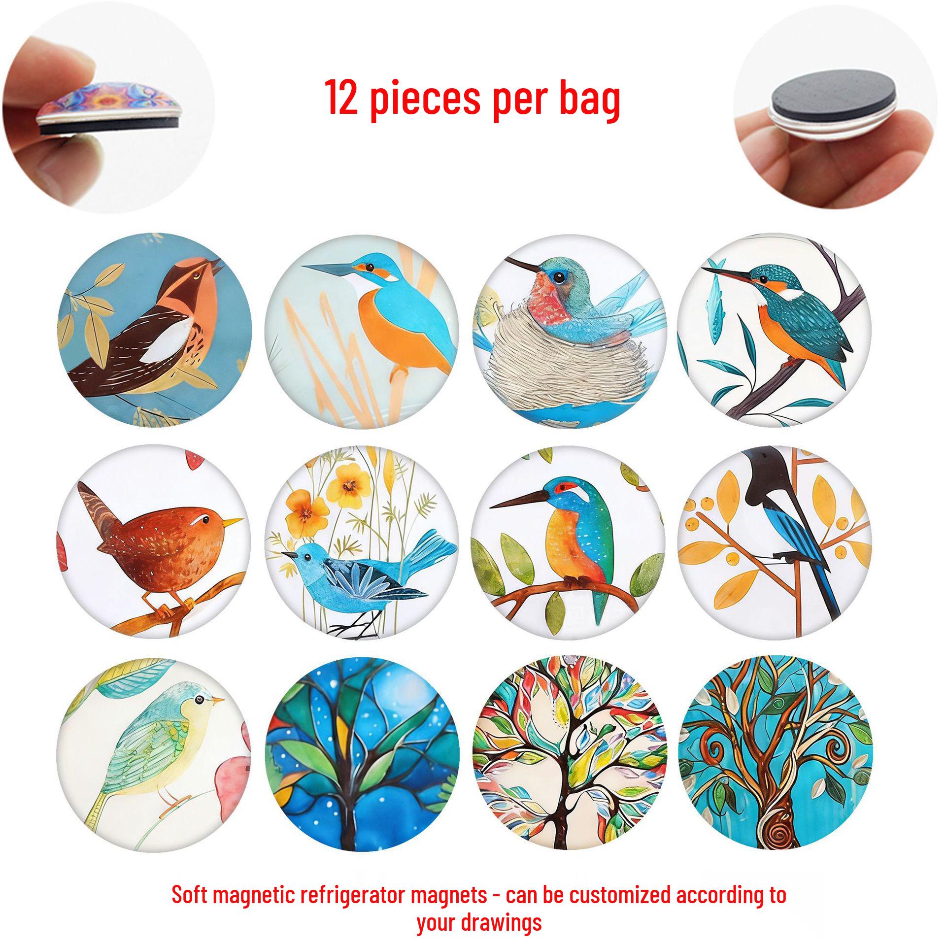 

Nature-Themed Cute Bird & Plant Refrigerator Magnet Stickers 25 mm Set of 12 (WYT423)