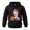 Festive kids hoodie with cartoon witch girl, pumpkin and maple leaves graphic, breathable material, perfect for family gatherings and seasonal trips.