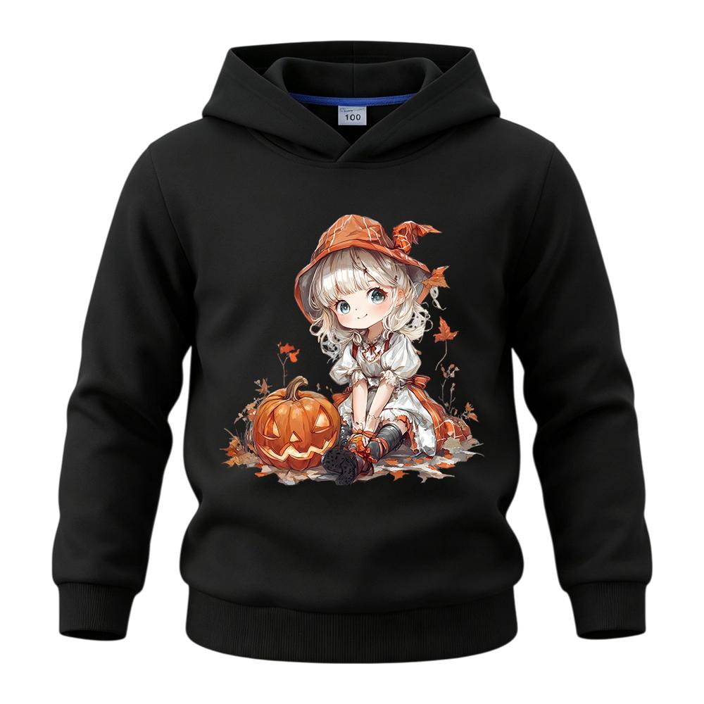 Festive kids hoodie with cartoon witch girl, pumpkin and maple leaves graphic, breathable material, perfect for family gatherings and seasonal trips.