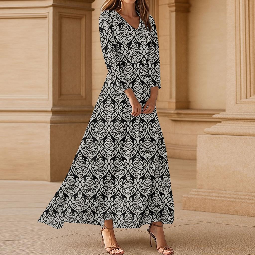 Kjoler For Damer Vintage Blomst Tunika Midjet Midi Kjole Sommer Casual 3/4 Ermet Kjole