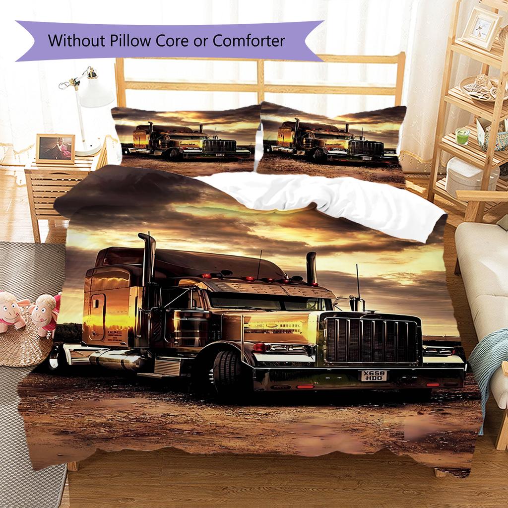 Truck Pattern Bedding Quilt Set Quilt Cover Pillowcase Home Decoration Gift (1 * Duvet Cover + 2 * Pillowcase, Without Core)