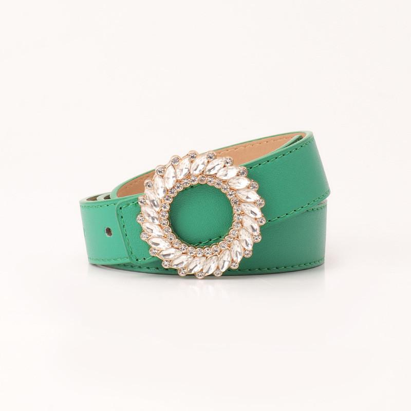 Womens Fashion Pu Leather Belt With Waterdiamond Round Buckle For Elegant Casual Wear