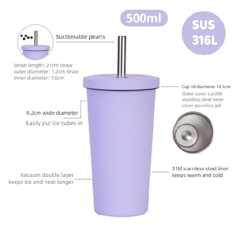 Bicchiere da Viaggio Ergonomico Termoisolato in Acciaio Inossidabile 316L Coperchio Ermetico con Cannuccia e Manico