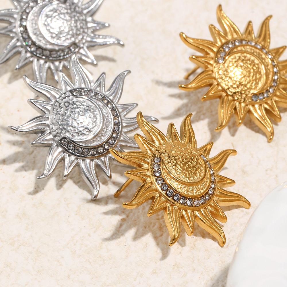 E.B.belle Stainless Steel The Sun Stud Earring Of Artistic Style With Zircon Stone Moon Creative Tarnish Free Jewelry Decoration