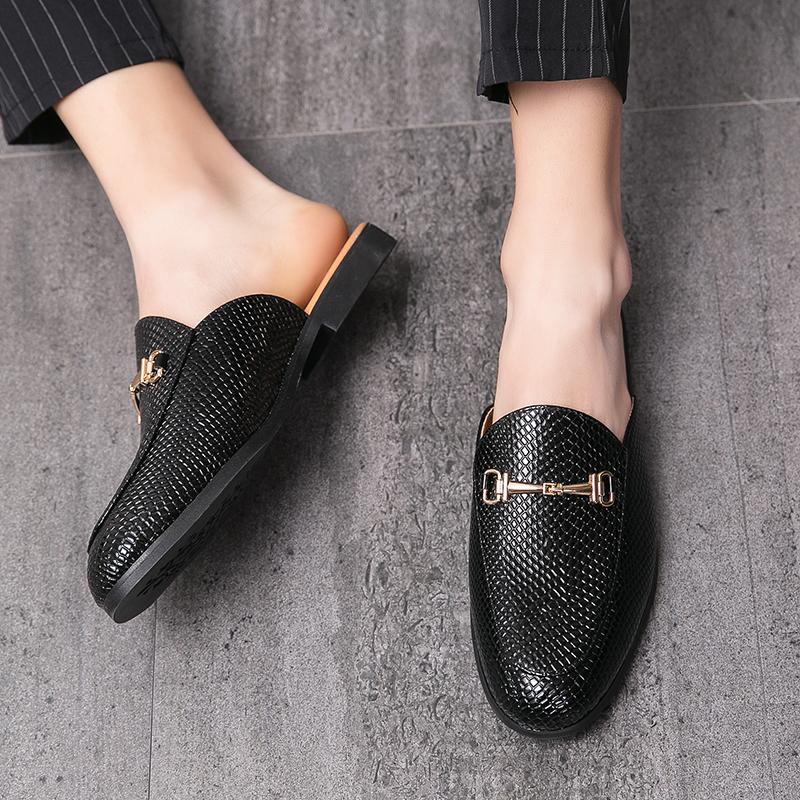 Summer Outdoor Men Mules Leather Backless Casual Shoes Man Slides Semi-Drag Loafers Slippers Half Shoes for Men Slip On Flats