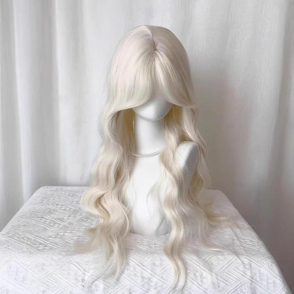 Milchweißes Goldfarbenes Langes Lockiges Haarteil mit Wasserwellen, Mittelscheitel und Acht-Zeichen-Pony - Natürlicher Lolita-Stil Vollhaarteil