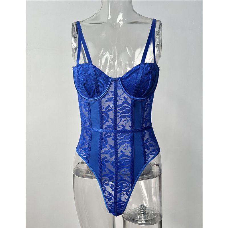 

European and American Hot Girl Sexy Slim Fit Bodysuit Lace Top Blue (private personal clothing is not returned) L