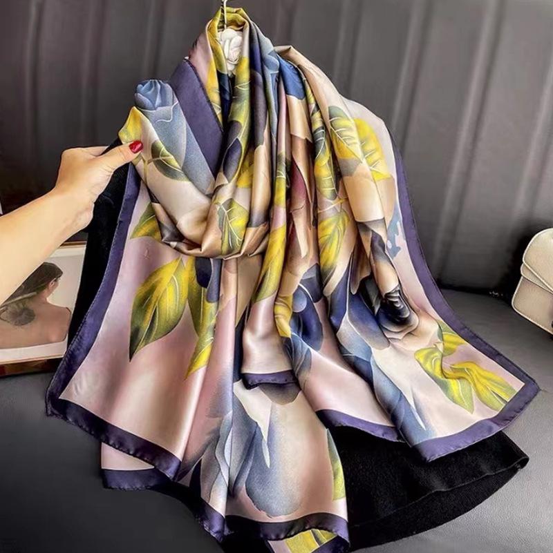 New Style Spring Summer Women Big Flower Print Scarf Ladies Popular Beach Silk Satin Shawl Fashion Headcloth