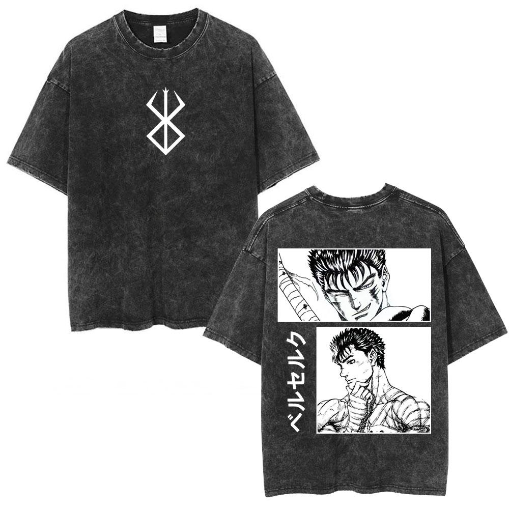 Japanese Anime Berserk Guts Vintage Washed T Shirt Griffith Swordsman Gatsu Sacrifice Zodd T-shirts Unisex Cotton Casual T-Shirt