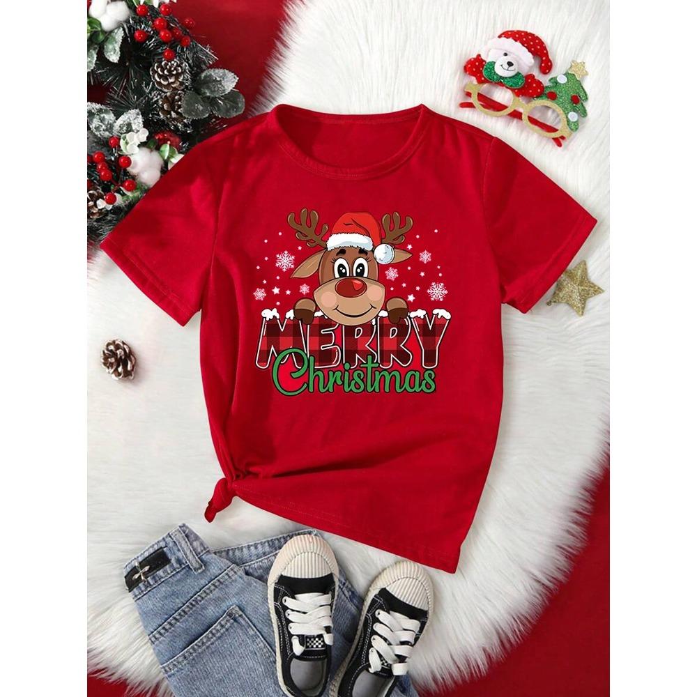 

Счастливого Рождества, дамы. Милая красная футболка с принтом оленя, повседневная футболка с коротким рукавом и круглым вырезом, женский топ для рождественской вечеринки 6XL