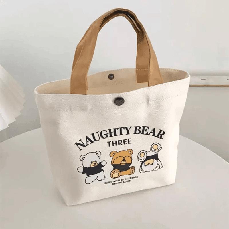 Bear Canvas Bag, Portable Tote Bag, Small Cartoon Canvas Bag for Lunch Boxes, Versatile and Simple Carrying Bag