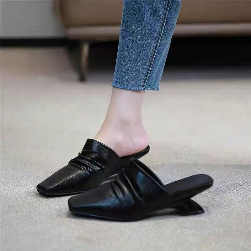 Fashion Baotou Semi-slippers Women's Summer Wear New Lazy Square-toed Pleated Soft Leather Rear Air-cooled Slippers